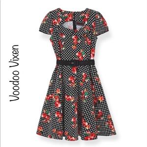 Voodoo Vixen 50’s Style Pinup Dress Black White Red Polka Dot Floral Size 6